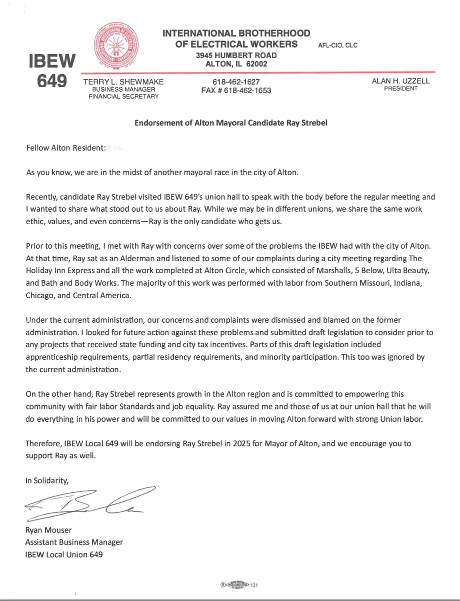 IBEW Full Endorsement for Ray Strebel